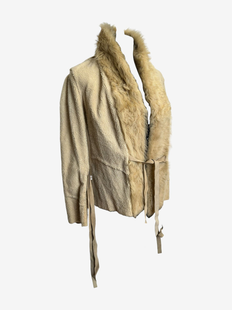 Cream shearling wrap jacket by Dolce & Gabbana, open front design with self-tie waist belt