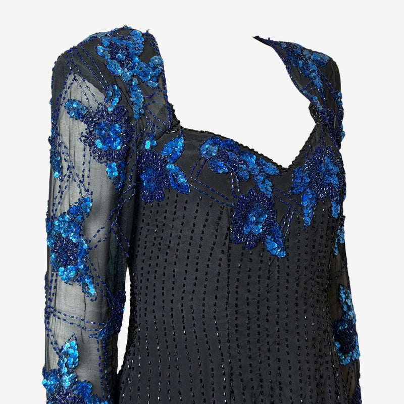 Gianni Versace S/S 1983 ensemble showing sweetheart neckline with beaded vine sequin work