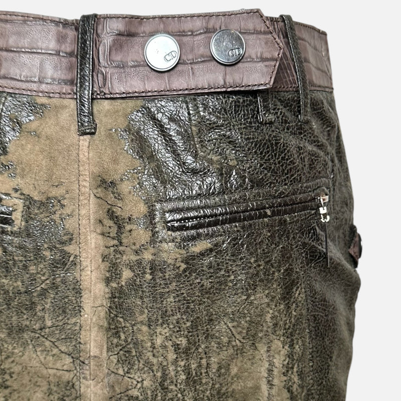 Christian Dior by John Galliano F/W 2006 Khaki Distressed Leather Croc-Embossed Mini Skirt