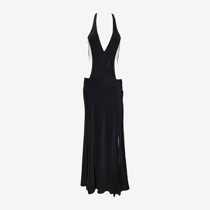Black silk halter gown by Tom Ford for Gucci, full length front view showing plunging V-neckline
