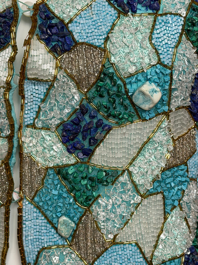 Detail of Blumarine beaded vest showing crushed stone chips and metallic thread embroidery