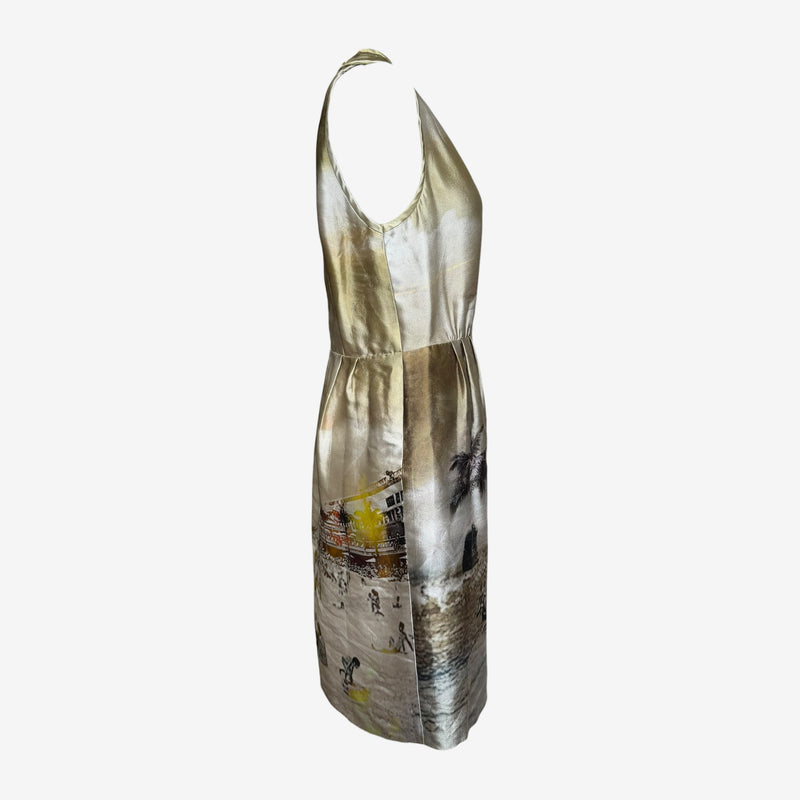 Detail of tropical photographic print on cream silk halter dress by Prada