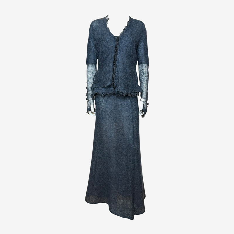 Charcoal mohair wool cardigan by Roberto Cavalli CLASS, V-neck with frayed edges and metallic silver knit panels