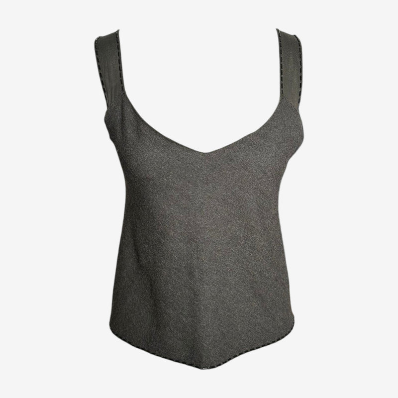 Charcoal grey wool camisole by Prada, deep V-neckline with wide shoulder straps