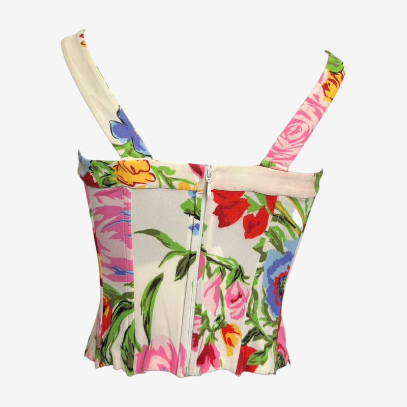 Side profile of cream floral corset top by Dolce & Gabbana showing fitted bodice and shoulder straps