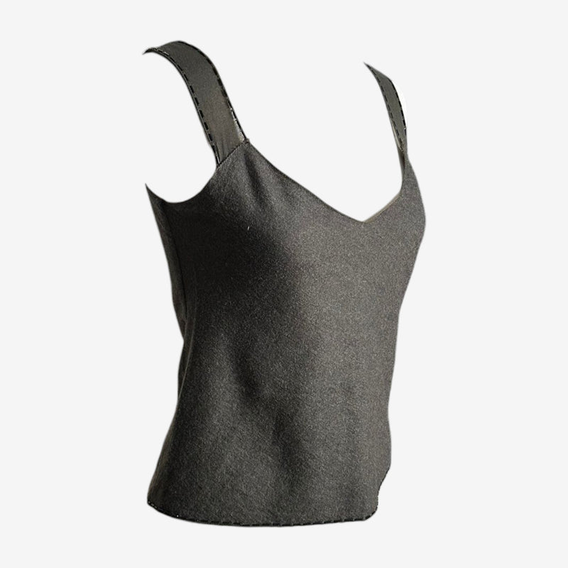 Charcoal grey wool camisole by Prada, front view showing deep V-neckline
