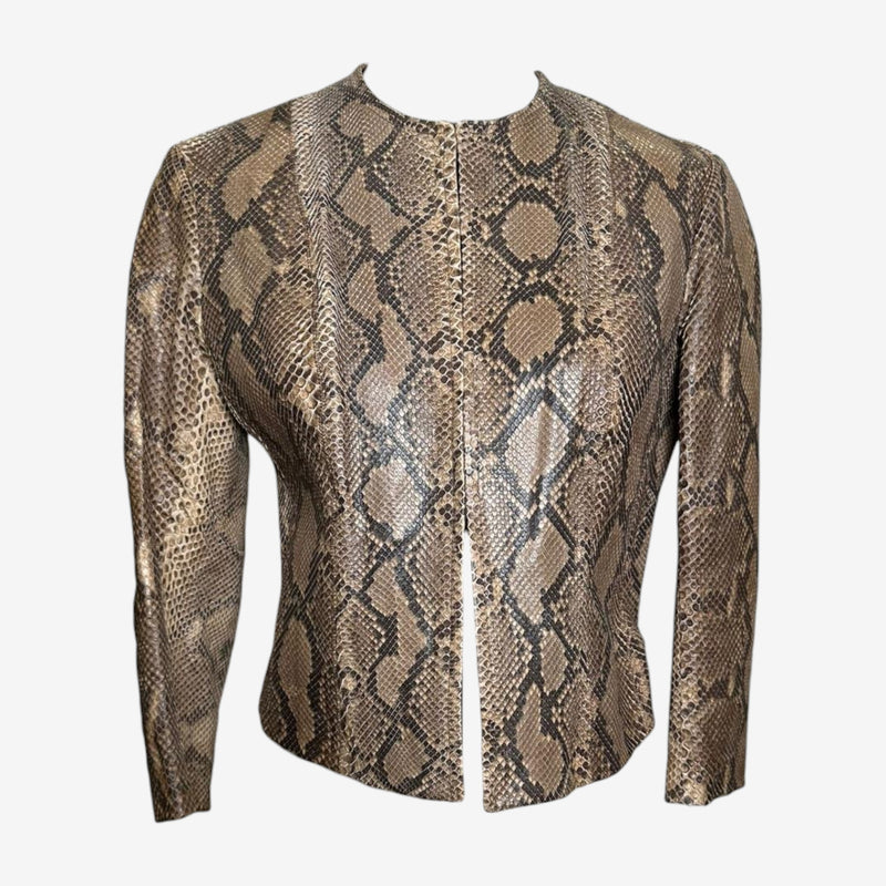 Beige, brown and black python leather jacket by Plein Sud, fitted silhouette with hook-and-eye closure