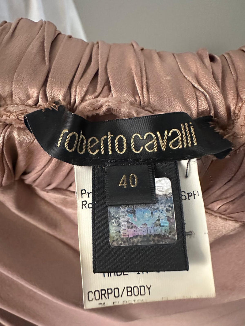 Roberto Cavalli S/S 2006 Dusty Rose Satin Lace-Trimmed Ruffled Slip Dress