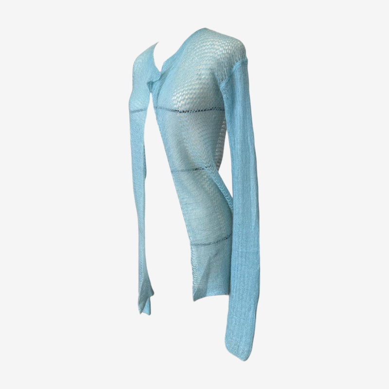 Blue cotton blend cardigan by Rick Owens, back detail with geometric paneling and exposed seaming