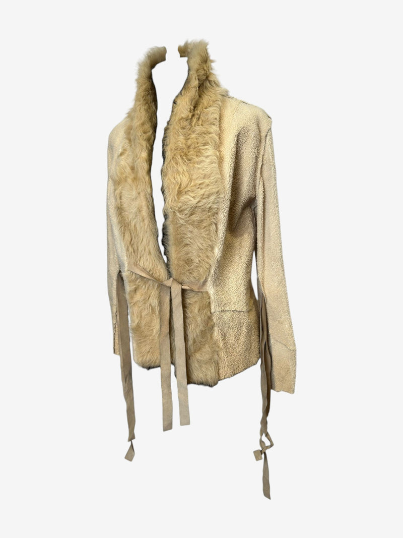 Cream shearling wrap jacket by Dolce & Gabbana, suede interior lining detail