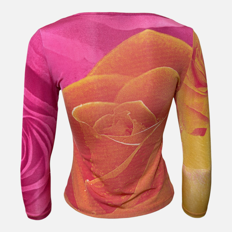 Roberto Cavalli F/W 1999 Pink & Yellow Rose-Print Long-Sleeve Top