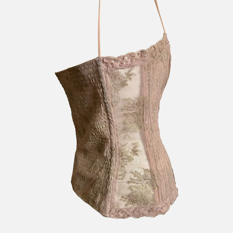 La Perla Blush Pink Metallic Floral Lace Corset Top