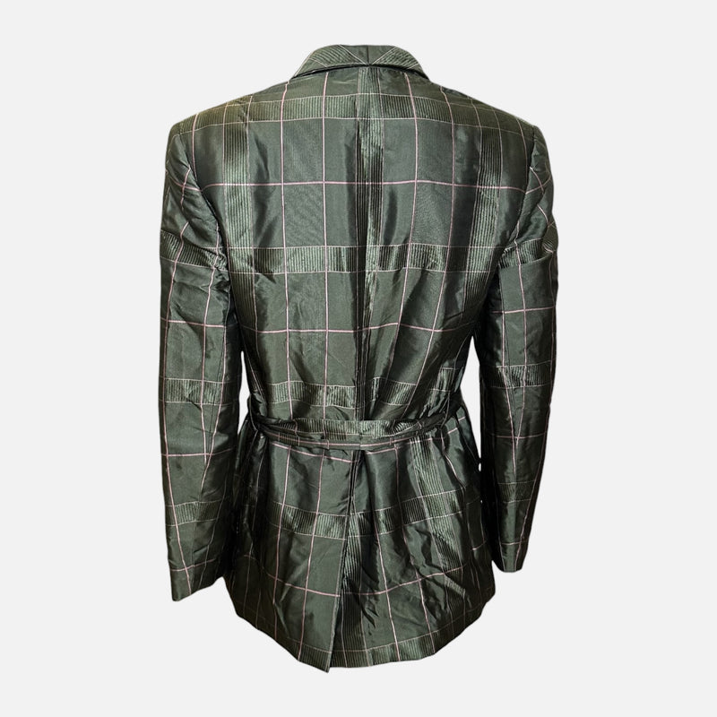 Prada F/W 1997 Olive Iridescent Windowpane-Check Quilted Belted Blazer