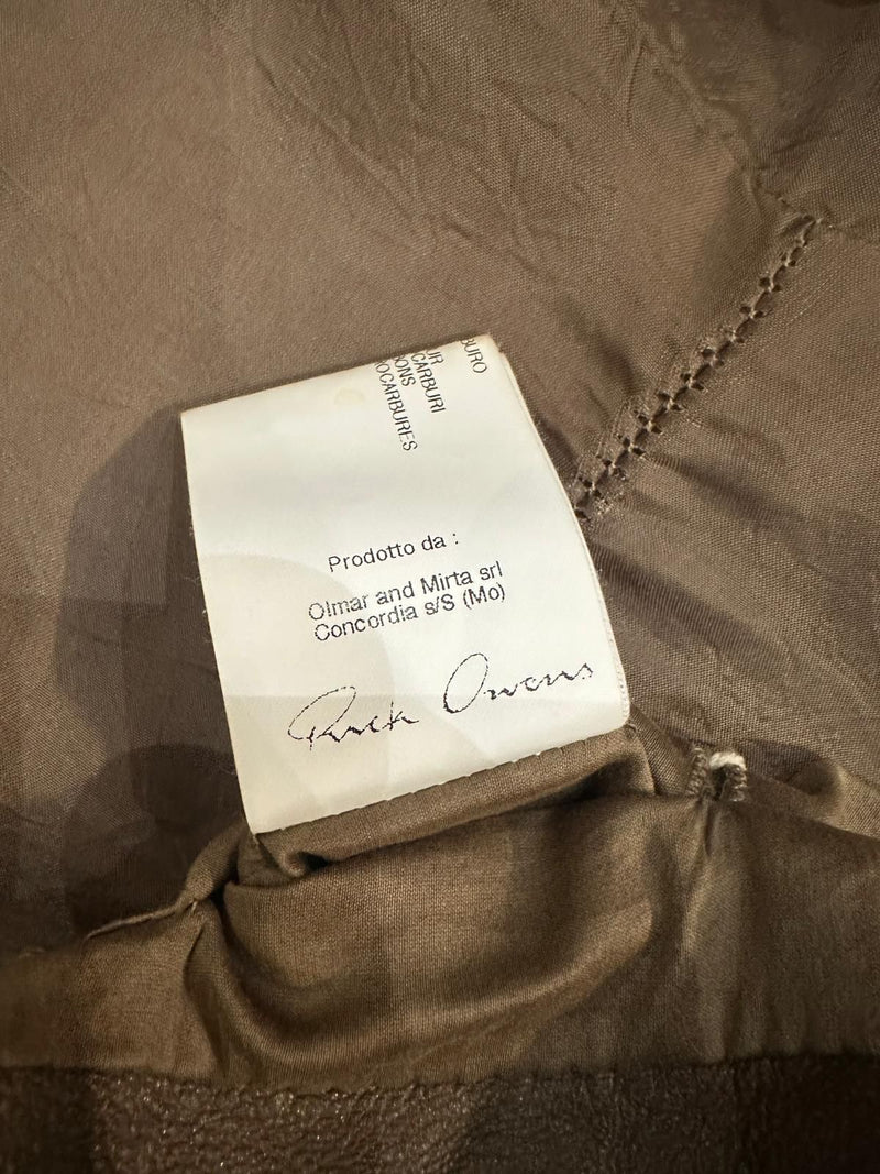 Taupe cotton jersey lining of Rick Owens leather bomber jacket, interior detail
