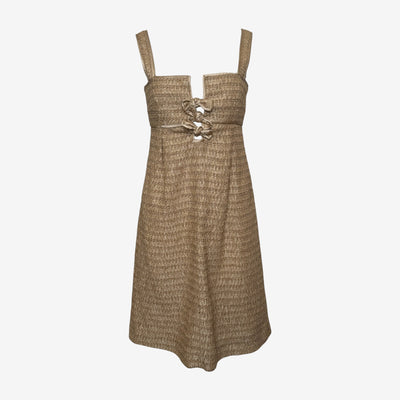 Valentino S/S 2008 Gold Lurex Tweed Square-Neck Bow-Embellished Mini Dress