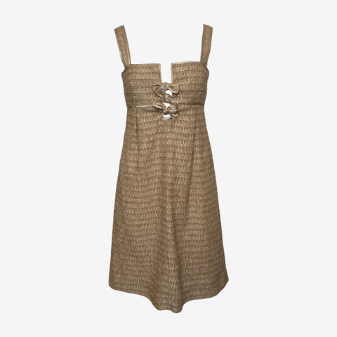 Valentino S/S 2008 Gold Lurex Tweed Square-Neck Bow-Embellished Mini Dress