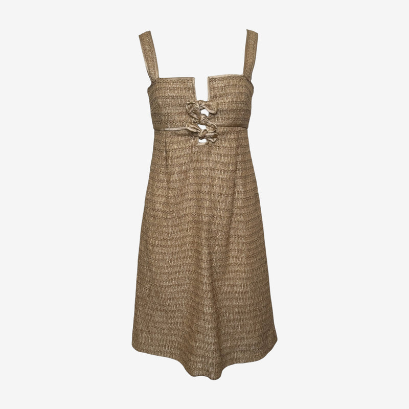 Valentino S/S 2008 Gold Lurex Tweed Square-Neck Bow-Embellished Mini Dress