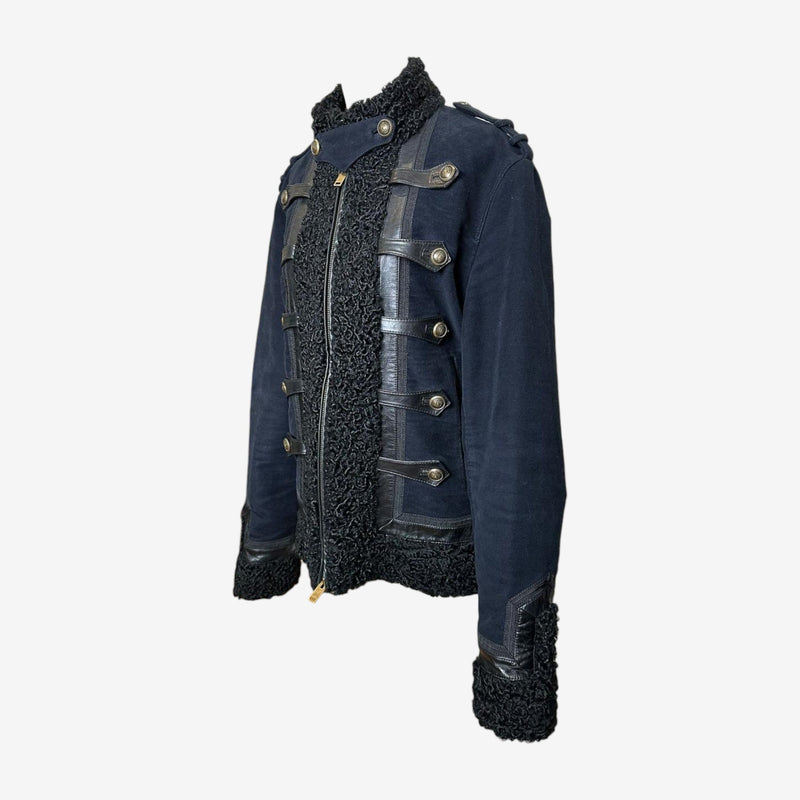 Gucci military jacket back view, navy wool with leather strap detailing