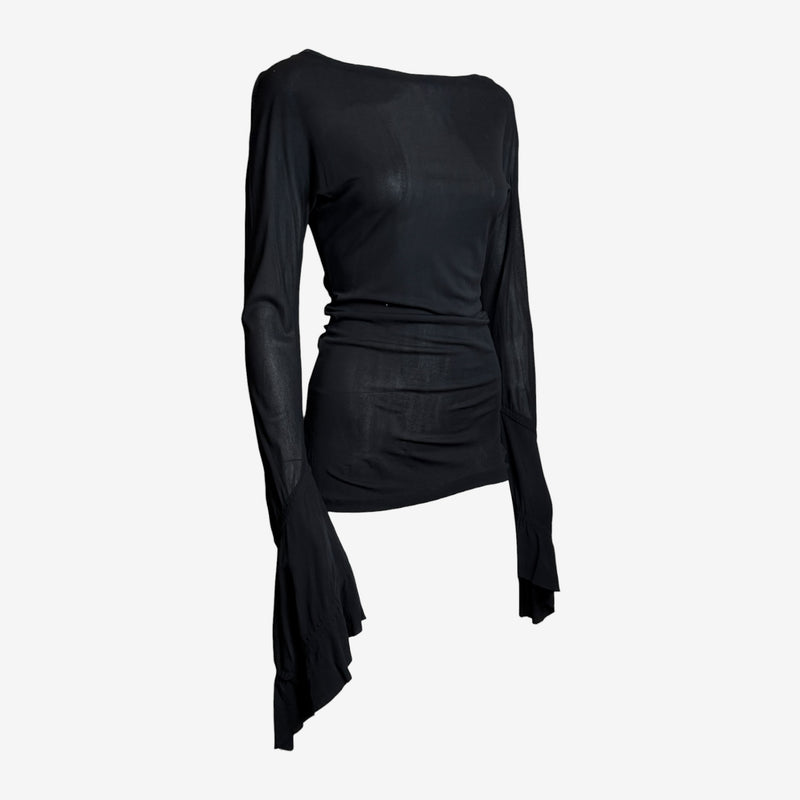Black jersey top by Tom Ford for YSL with flared bell cuffs, front detail