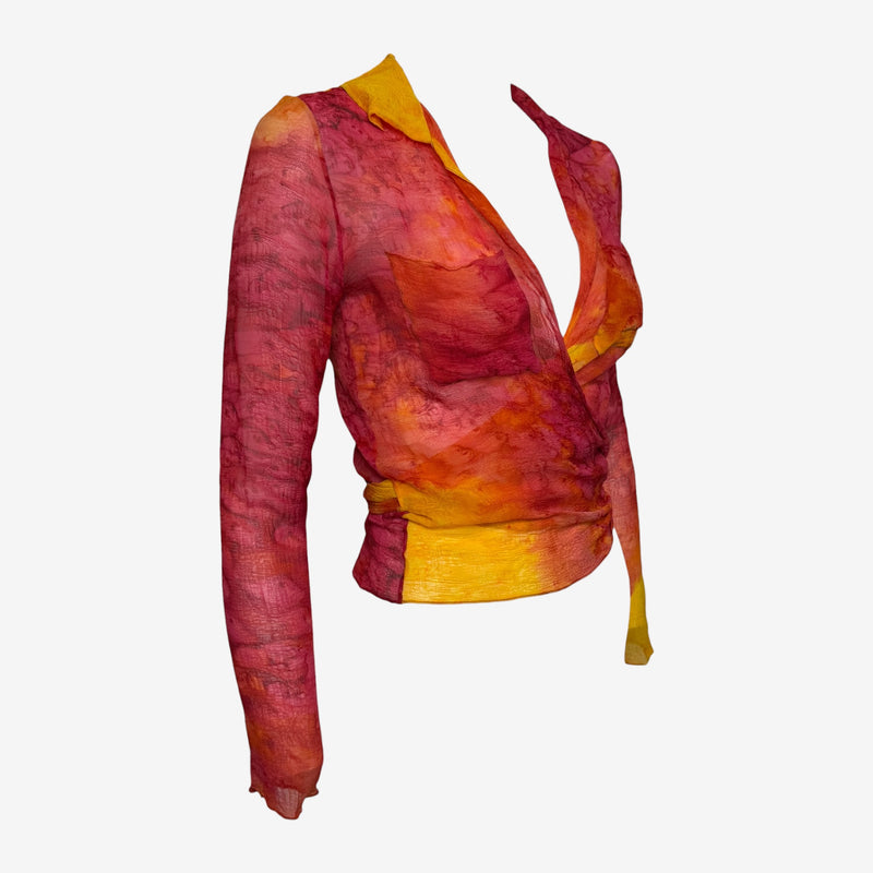 Tie-dye wrap top by Dior John Galliano, showing deep V-neckline and wrap-over closure detail