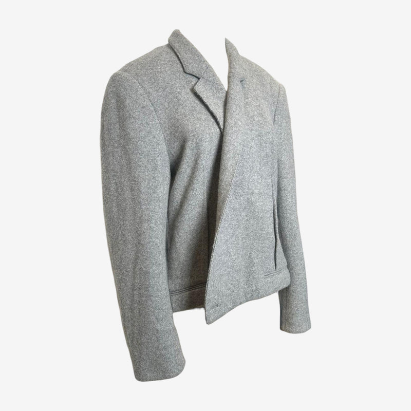 Heather grey wool blazer by Haider Ackermann, front detail with concealed button closure and welt pocket