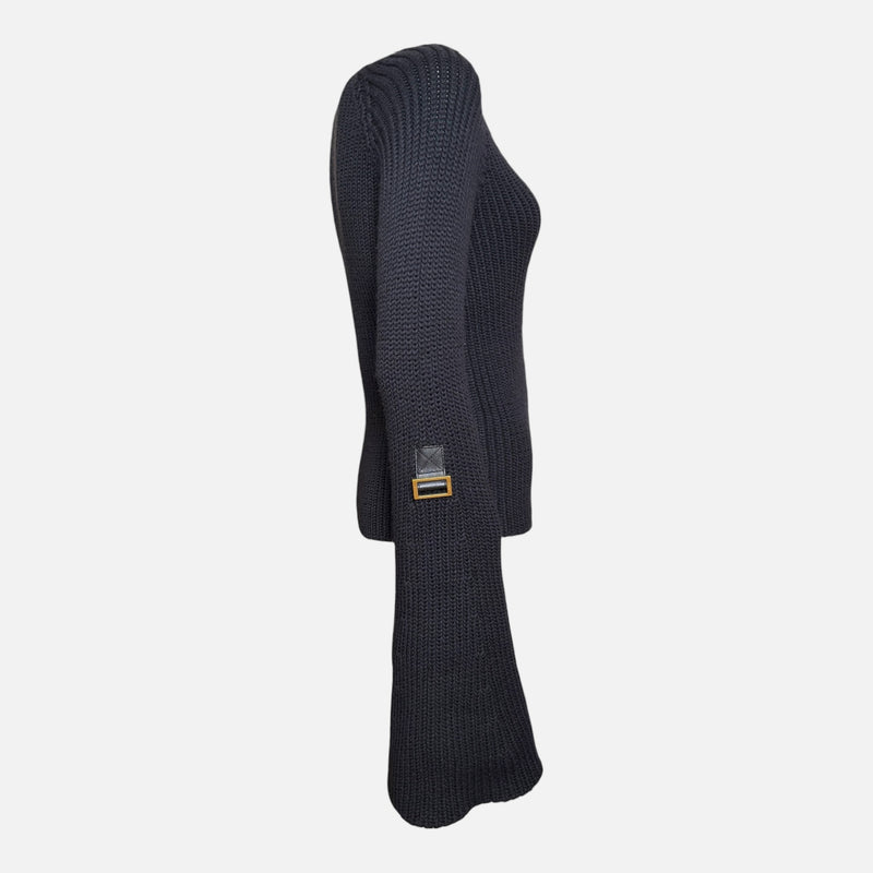 Gucci by Tom Ford F/W 2003 Black Ribbed-Knit One-Shoulder Bell-Sleeve Sweater With Leather Buckle