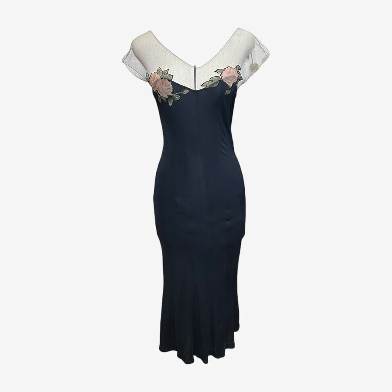 Black midi dress by Blumarine with sheer cap sleeves and pink rose appliqués at neckline