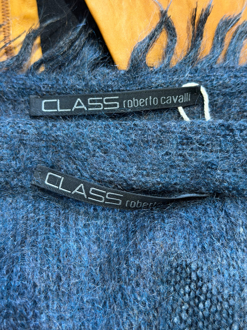 Charcoal mohair cardigan by Roberto Cavalli CLASS, V-neck front closure with covered buttons