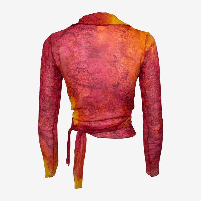Dior wrap top with adjustable waist tie, coral and orange tie-dye pattern throughout