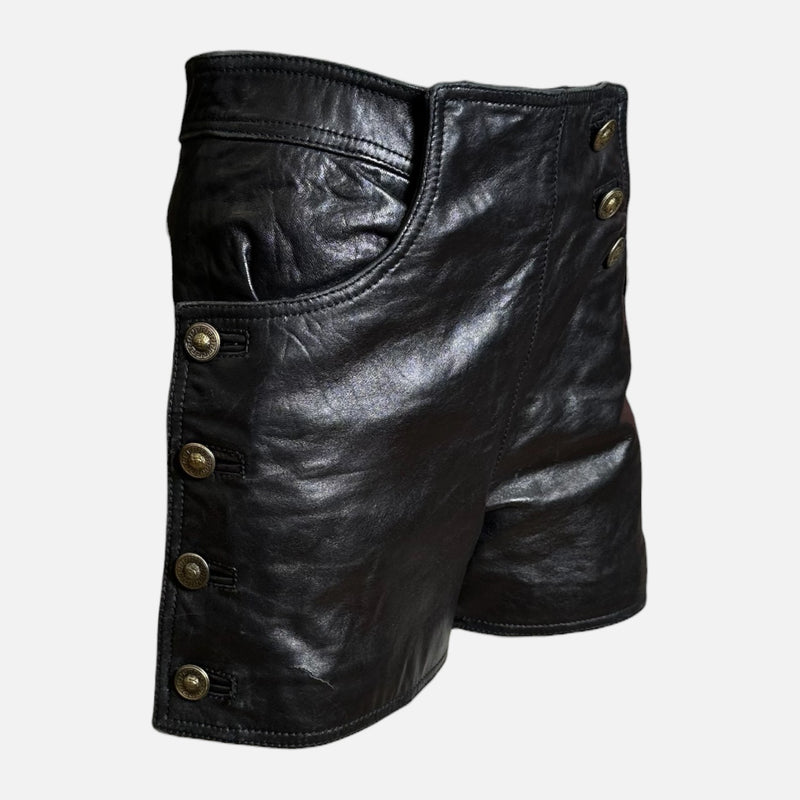 Gianni Versace F/W 1992 Black Leather Medusa-Button Mini Shorts
