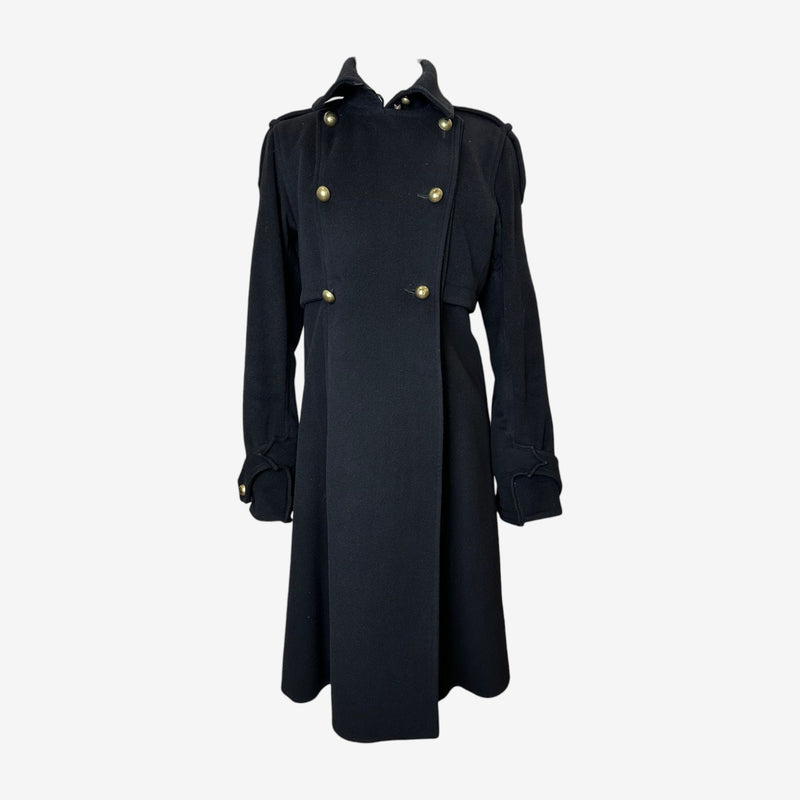 Navy wool double-breasted military coat by Yves Saint Laurent, front view with peaked lapels and brass buttons