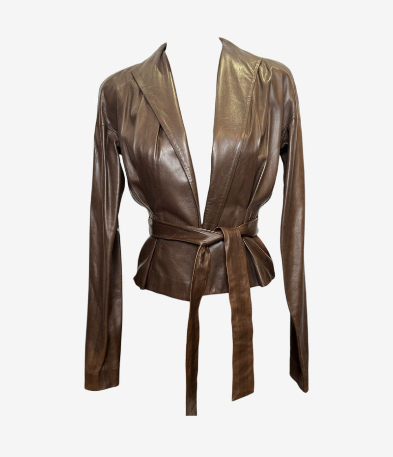 Brown leather wrap jacket by Yves Saint Laurent Tom Ford, belted front closure with shawl collar