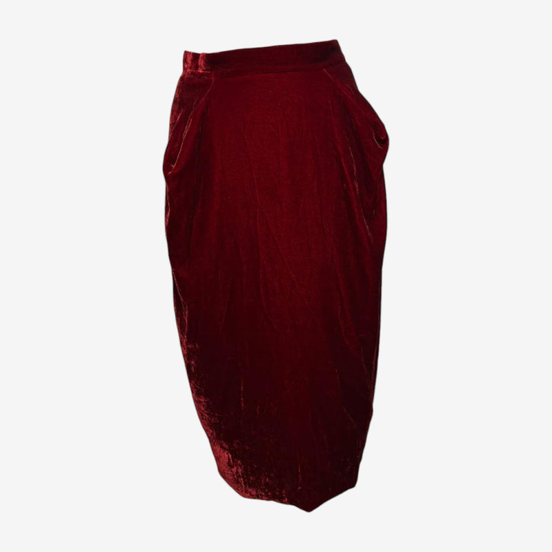 Red velvet skirt by Vivienne Westwood, architectural draping at hips creating gathered folds