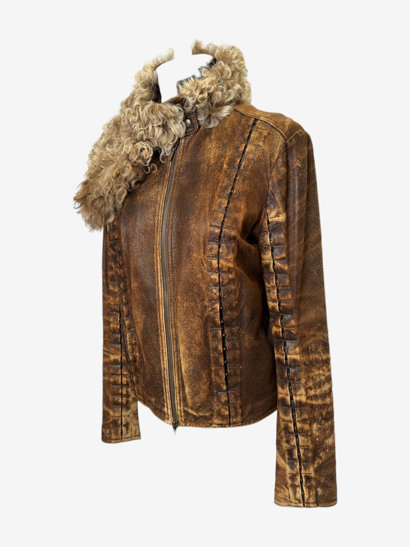 Brown leather jacket by Plein Sud, side profile with topstitched channel detailing