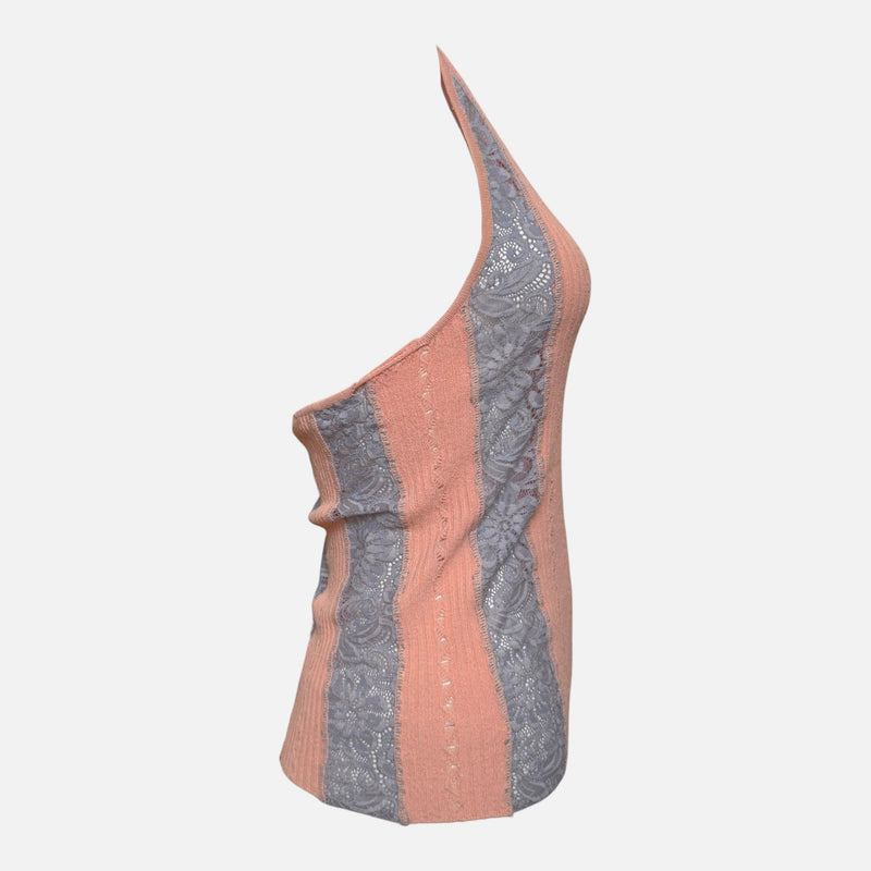 Versace S/S 2005 Peach Pointelle-Knit Lace-Panel Halter Top