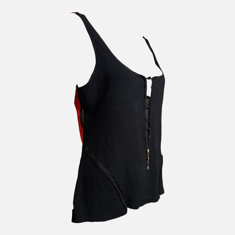 Roberto Cavalli S/S 2003 Black And Red Chinoiserie Floral-Panel Sleeveless Top
