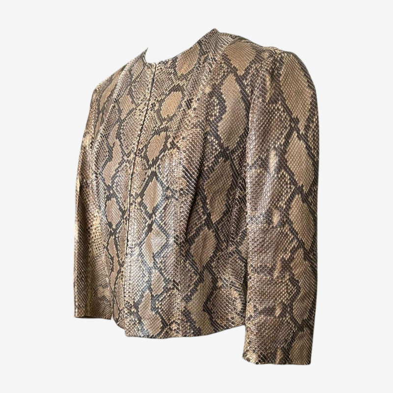 Python leather jacket by Plein Sud, collarless round neckline and hook-and-eye front closure detail