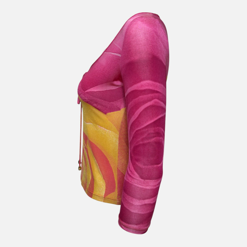 Roberto Cavalli F/W 1999 Pink & Yellow Rose-Print Long-Sleeve Top