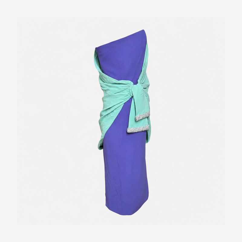 Valentino S/S 2008 Purple And Mint Colour-Block Rhinestone-Trimmed Draped Mini Dress