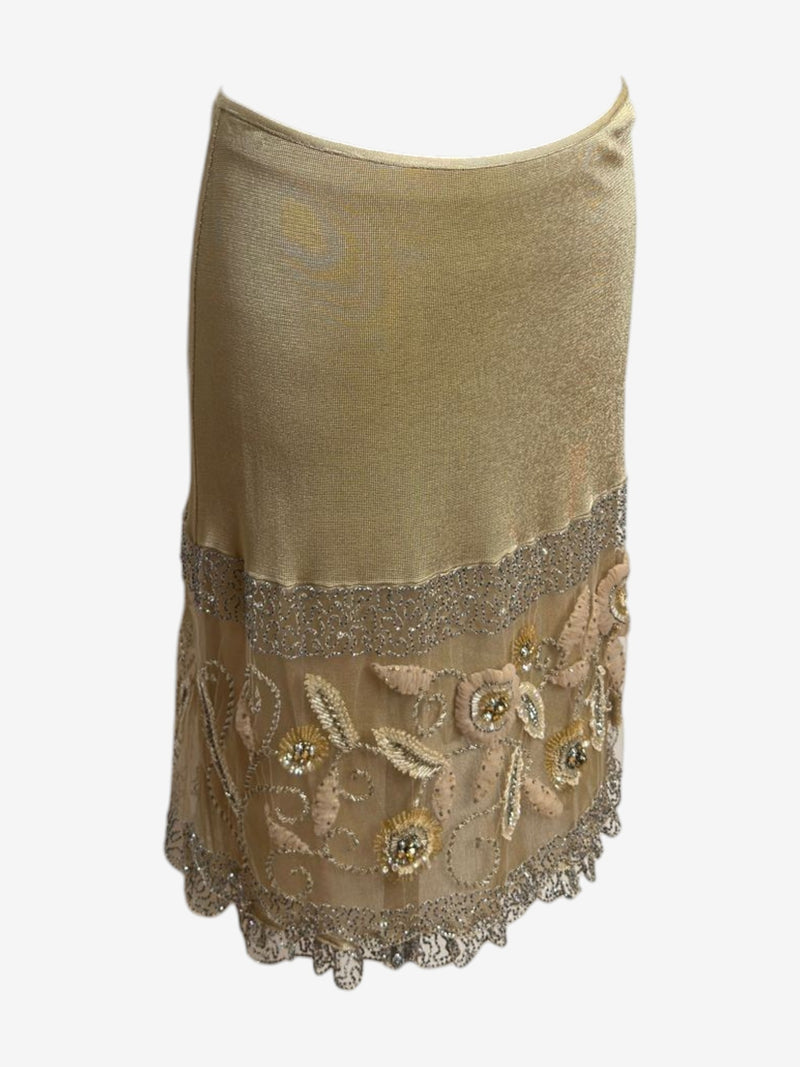 Beige Valentino skirt, close-up of tonal beading and sequin embroidery