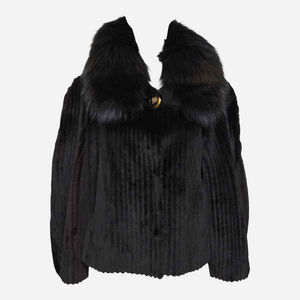 Gucci by Frida Giannini F/W 2008 Black Grooved Mink Fur Jacket With Voluminous Fox Fur Collar And Leather Belt