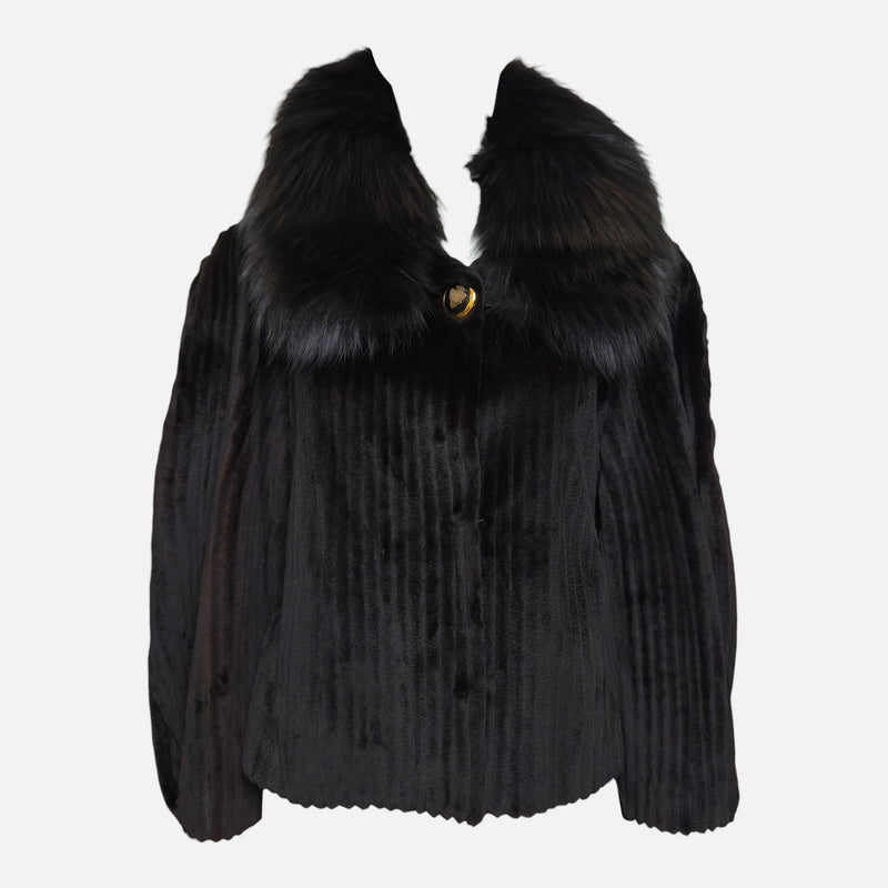 Gucci by Frida Giannini F/W 2008 Black Grooved Mink Fur Jacket With Voluminous Fox Fur Collar And Leather Belt