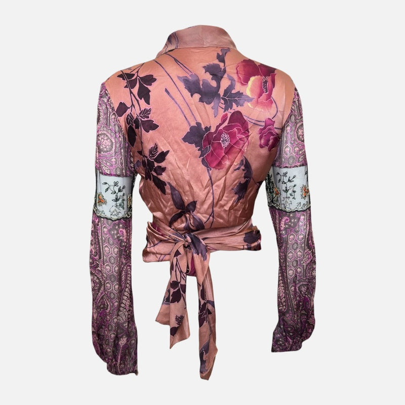 Emanuel Ungaro S/S 2004 Peach Floral & Paisley Print Beaded Lace-Panel Wrap Blouse