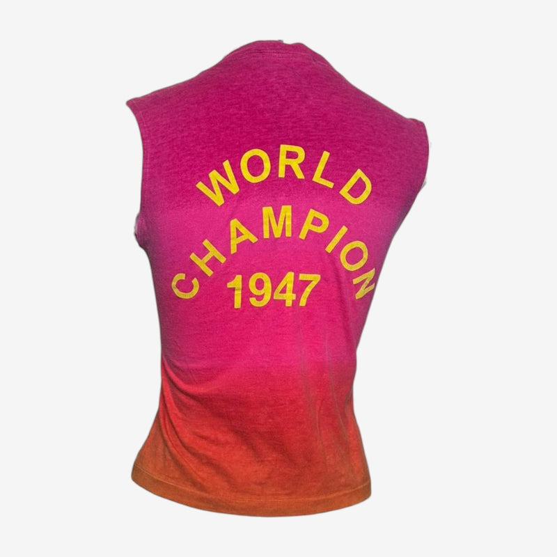 Detail of ribbed neckline trim on Dior cotton tank top with ombre gradient