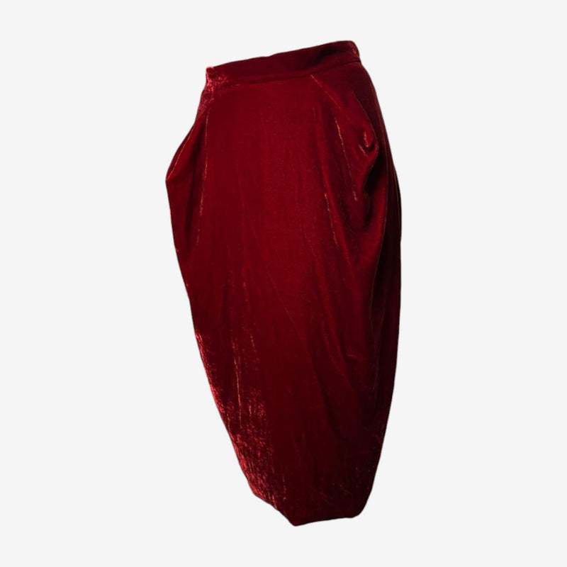 Red velvet draped skirt by Vivienne Westwood, fitted waistband detail and side zip closure
