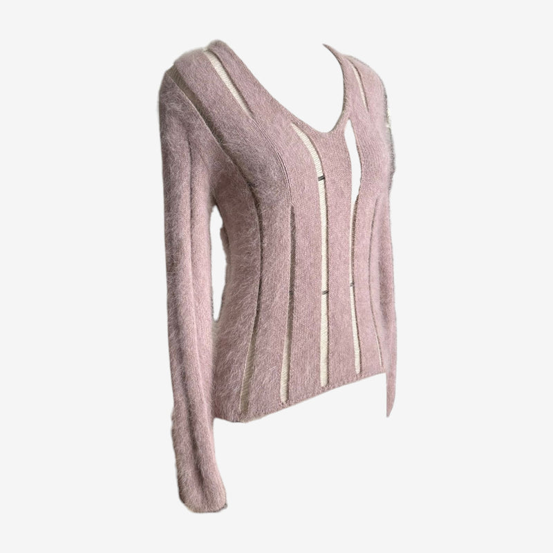 Rear view of pink mohair knit sweater, white ribbon strips running down back