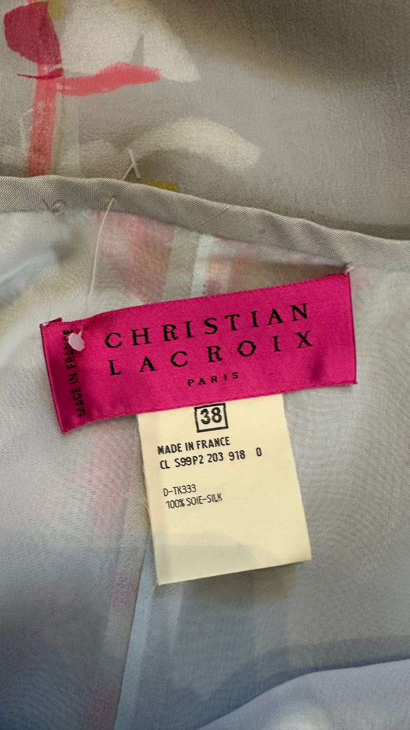 Christian Lacroix S/S 1999 Grey Floral-Print Draped Silk Maxi Dress