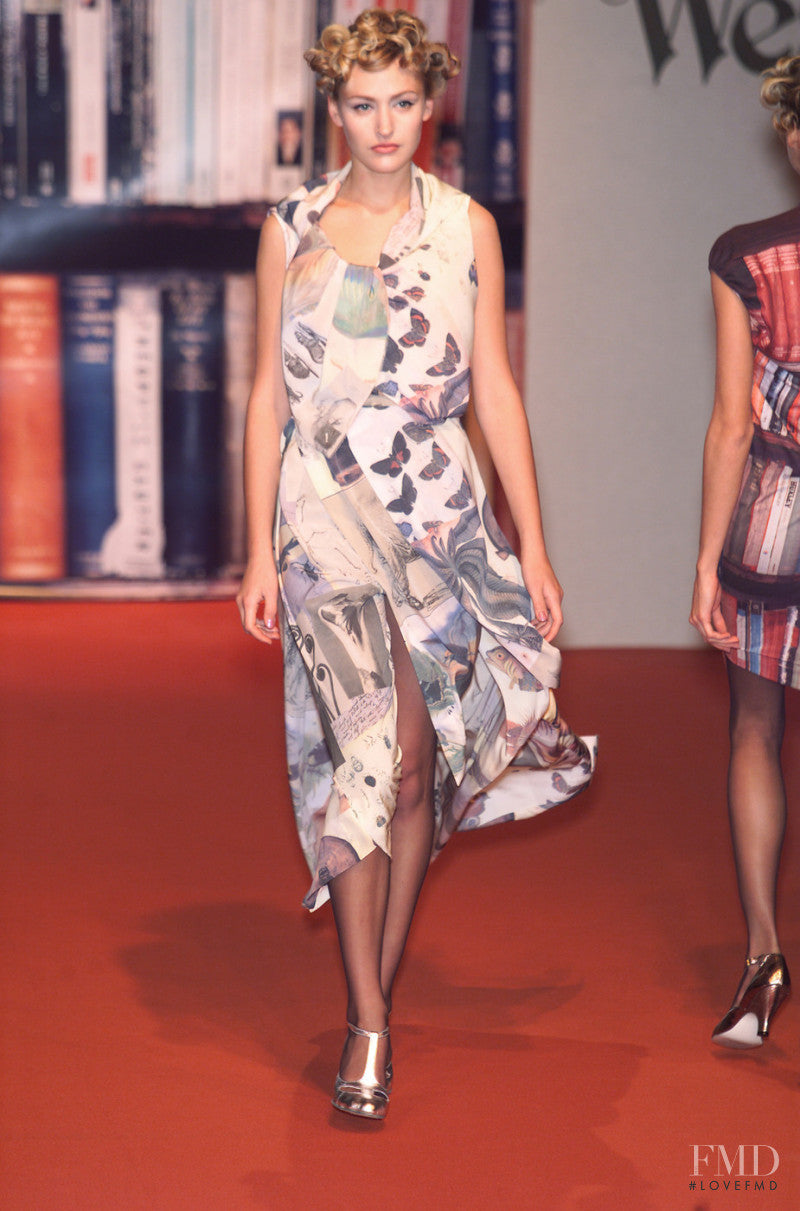 Cream and lavender Vivienne Westwood draped dress with scientific illustration print and fitted corset bodice