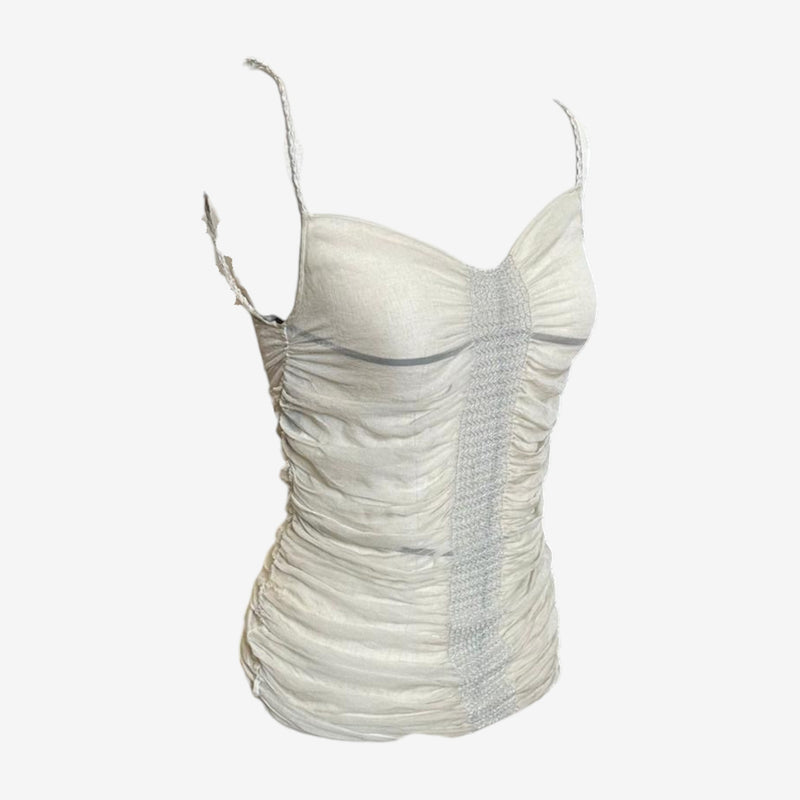 Pale sage green ruched mesh corset top by Dolce & Gabbana, back hook-and-eye closure detail