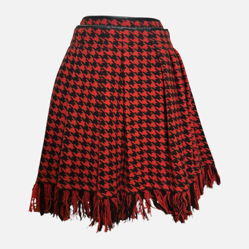 Yohji Yamamoto F/W 2003 Red And Black Houndstooth Fringed Wrap Skirt With Lambskin Waistband
